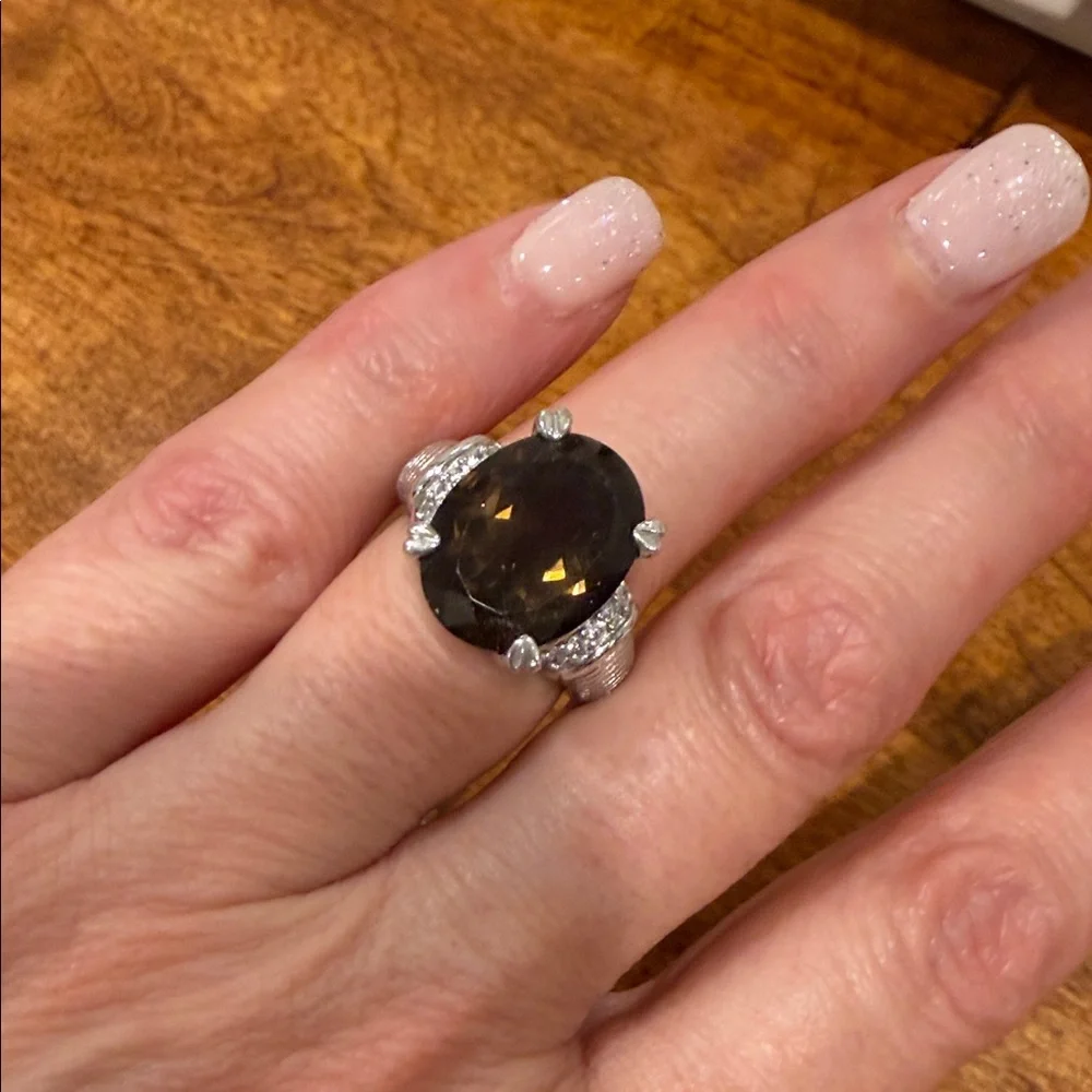 Judith Ripka Sterling Silver & Smoky Topaz Ring W/Diamonique accents - Picture 1 of 1